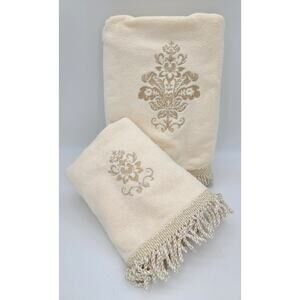 ALL COTTON Elegant Decorative Fancy Fringed 2 pc Set Cream/Gold Bath/Hand Towels